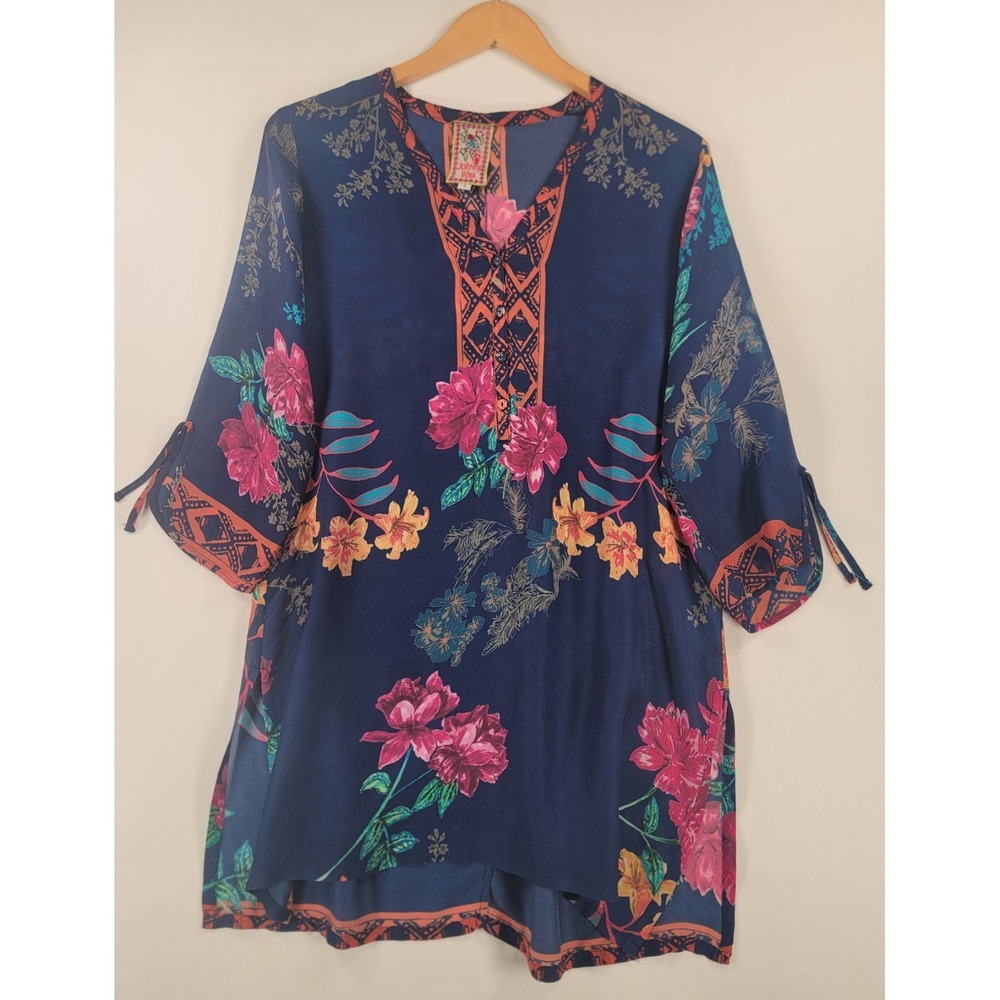 Johnny Was Floral Tunic Top Small Blue Pink Boho V Neck 3/4 Sleeve Rayon